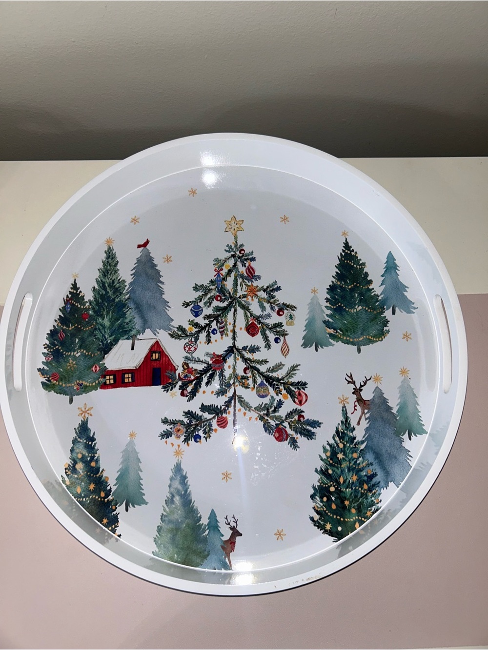 Williams Sonoma Christmas in the Country Round Lacquer Serving Tray White